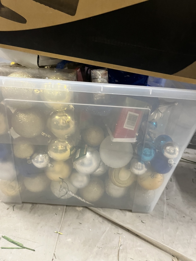 Bin of Christmas ornaments, misc.