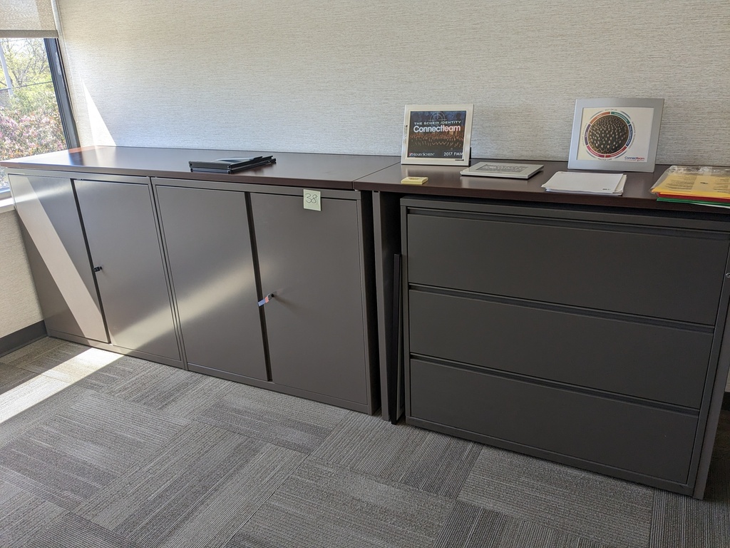 storage wall, 2 2-door cabinets, 1 3-high lateral file, all metal with laminate top