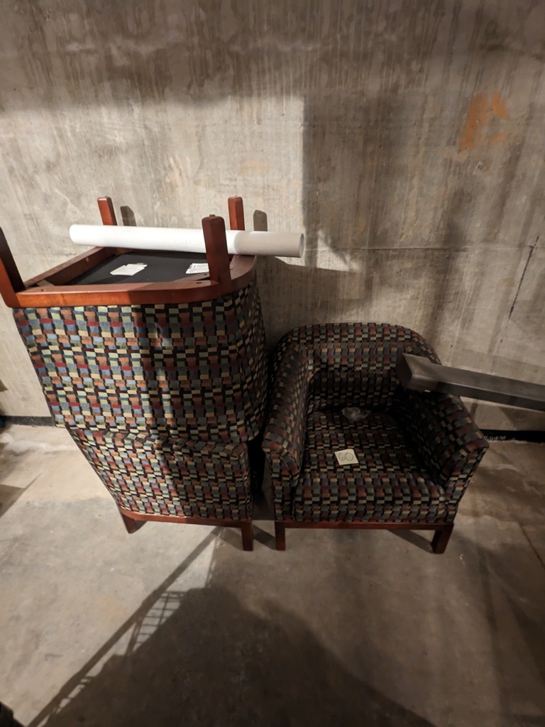 fully upholstered club chairs with 4 wood post legs (2.5'x2.5'x3')
