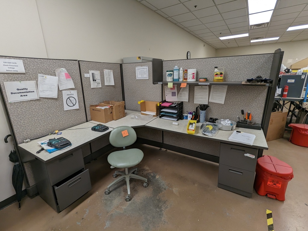 L-shape workstation, fabric panels, 66"H panels w/ laminate L-shape worksurface