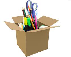 Box of misc. supplies (e.g. acrylic stands, hole punches, staplers, wire desk organizers, tape dispensers)