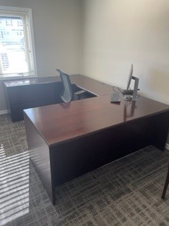 U-shaped 36” x 72” wood desks with 48” bridge and 24” X 72” credenza