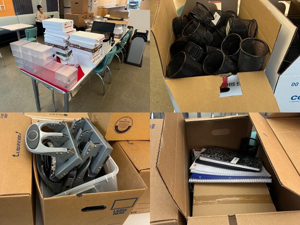 Box of pens, folders, and other misc. office supplies
