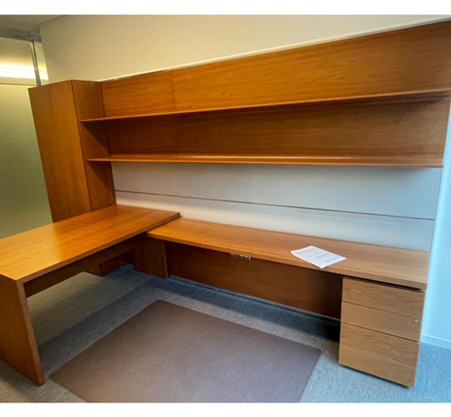 Left Hand L-Shaped Desk with Overhead Storage and Single Door Cabinet (desk can be freestanding)