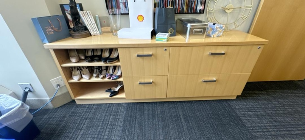 Wooden Credenza with Drawers, and Shelves, Maple