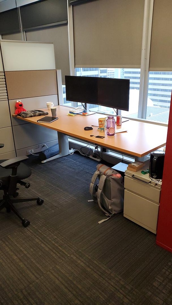 8' Electronic Height Adjustable Desk, Maple with  BF Ped, 69" x 41" x 29"/48"