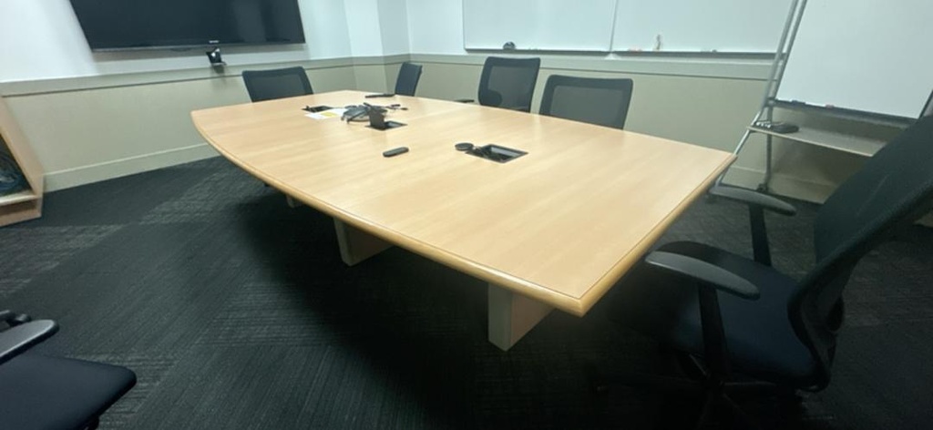 10' Boatshape Boardroom Table with Electrical, Maple, 73" x 88" x 30"/54"