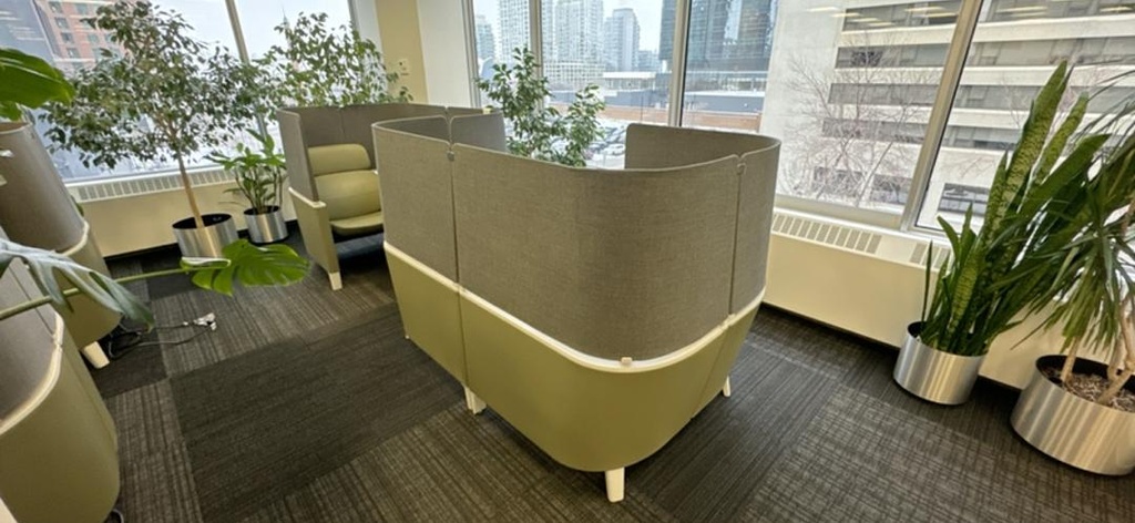2-Person Privacy Pod with Tablet Chair and Power, Green/Grey