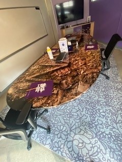 Conference Table, crumbled makeup print