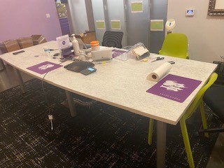Conference table, white top, grey legs
