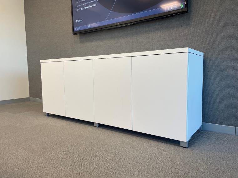 White Credenza, 4-Door: 72”W x 29”H x 19 ¾” D