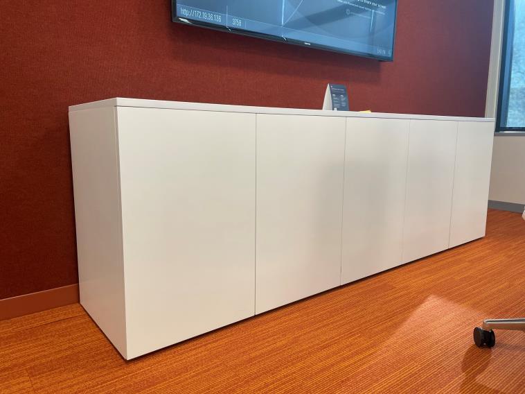 White Credenza, 5-Door: 90”W x 29 ¾ ”H x 20”D