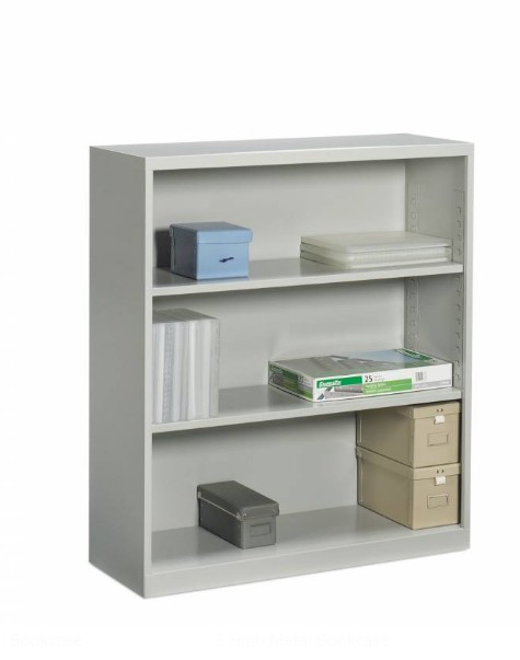 Bookcase, Metal, 3 Shelf, 39H x 36W x 15D, Metallic Silver (representative photo)