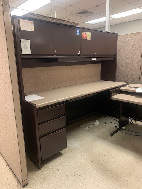75" credenza with hutch and 3-drawer hanging pedestal