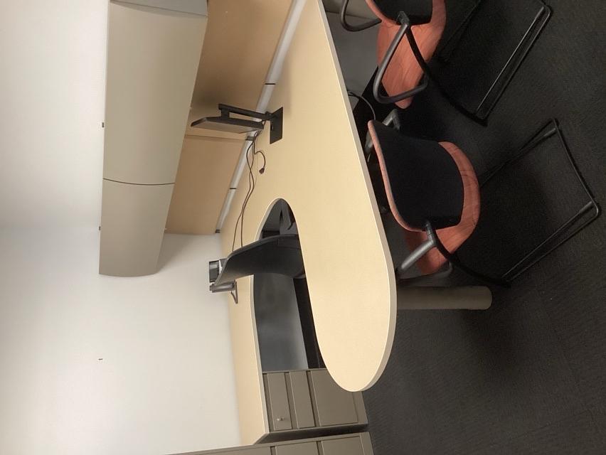 U-shape desk w/ overhead cabinets &amp; corkboards