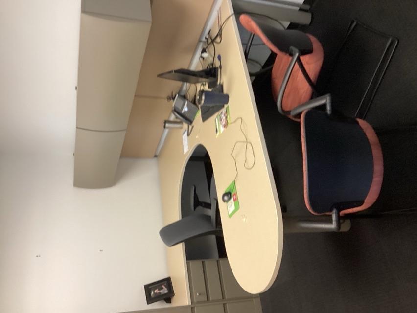 U-shape desk w/ overhead cabinets &amp; corkboards