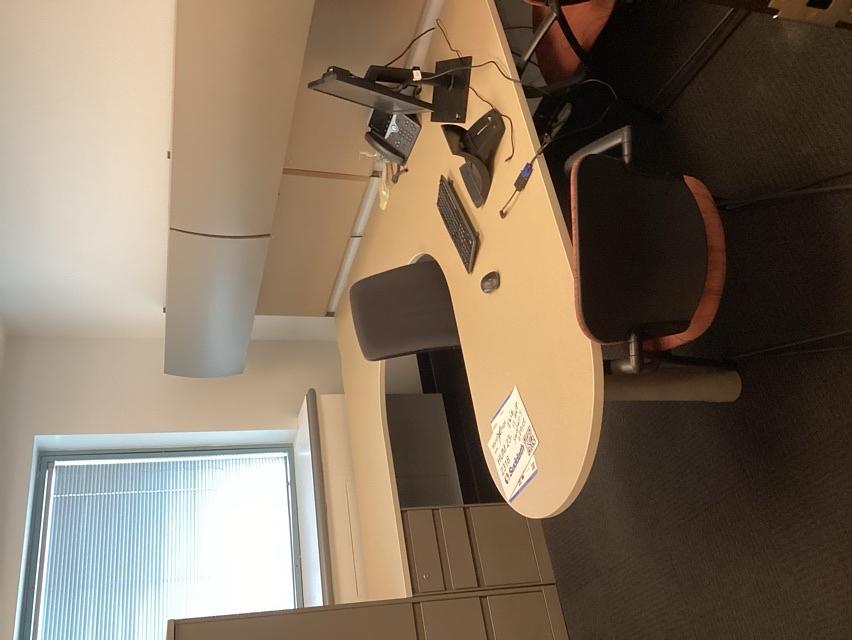U-shape desk w/ overhead cabinets &amp; corkboards