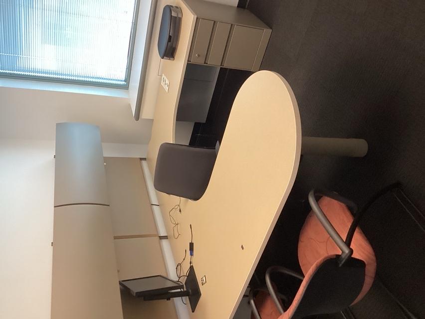 U-shape desk w/ overhead cabinets &amp; corkboards