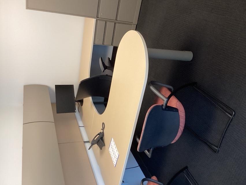 U-shape desk w/ overhead cabinets &amp; corkboards