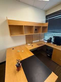 U-shape maple desks – desk 30" x 66", credenza 24" x 66"