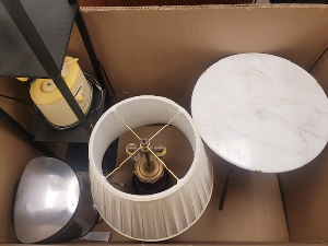 BIN CONTAINING END TABLE/LAMP/SMALL GARBAGE CAN/3SHELF LAMP (ALL FROM WELLNESS RM ON 29TH FLR)