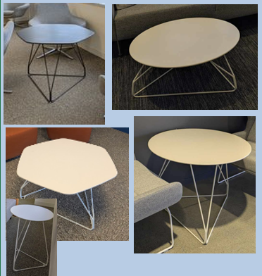 Table, poly wire tables, various colours and shapes throughout