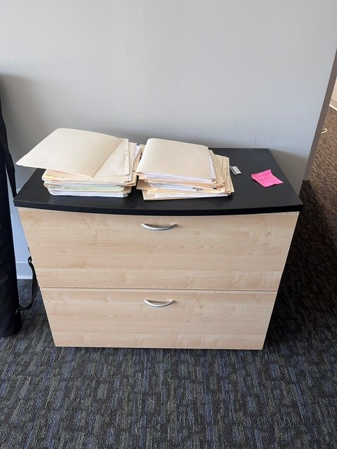 Blk top / light wood drawers front