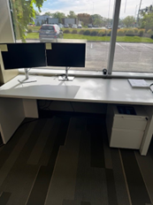 WHITE STRAIGHT TABLE W/MOBILE PED ( PED IS MOBILE AND DOES NOT HAVE TO BE TIED TO TABLE)