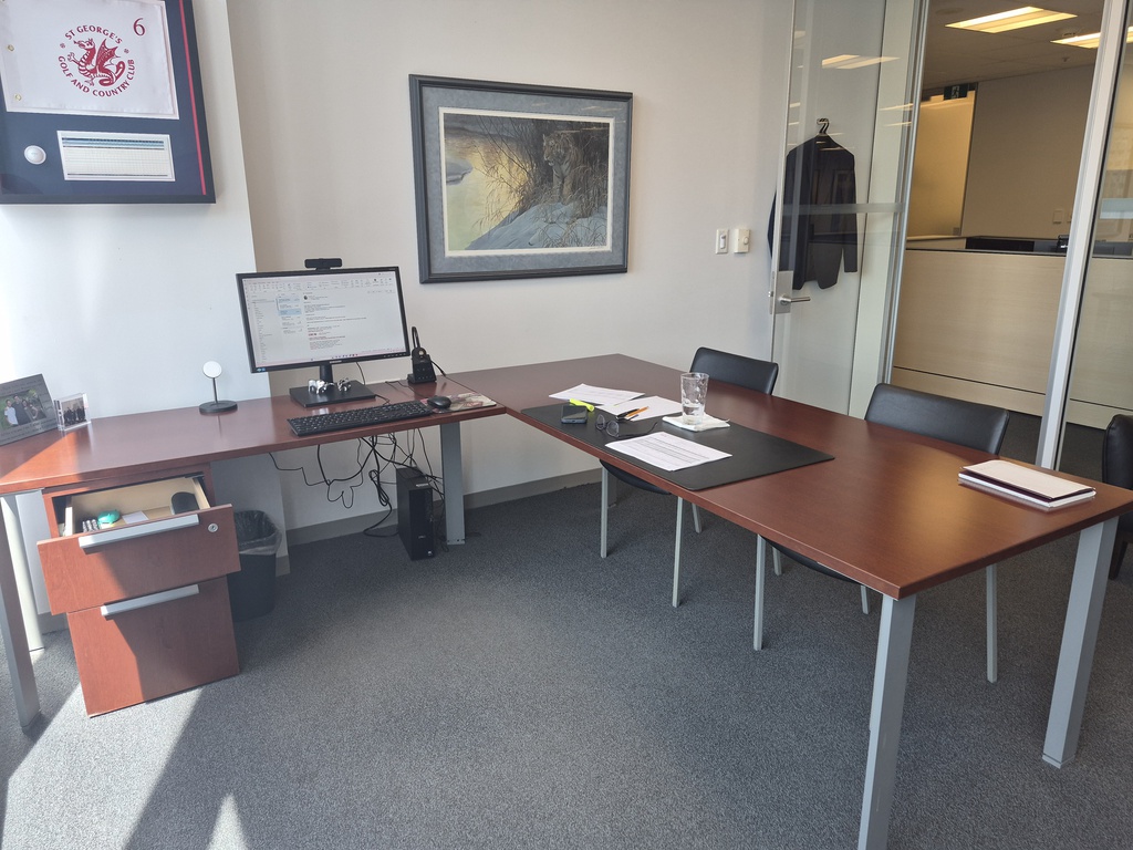7' x 8' L-Shaped Desk - Wood, Metal, BBF ped