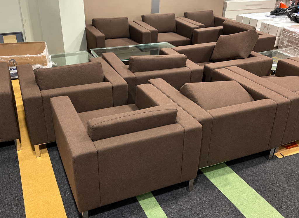 Sofa (Single Seater) 
Brown fabric upholstery
Chromed leg base