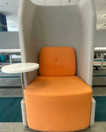 High Back Sofa (Single Seater)
Orange fabric upholsteried sofa
Light grey fabric panel
with white round table on right side
