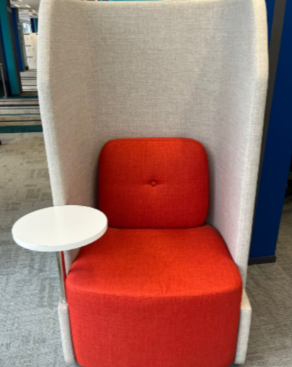 High Back Sofa (Single Seater)
Red fabric upholsteried sofa
Light grey fabric panel
with white round table on right side
