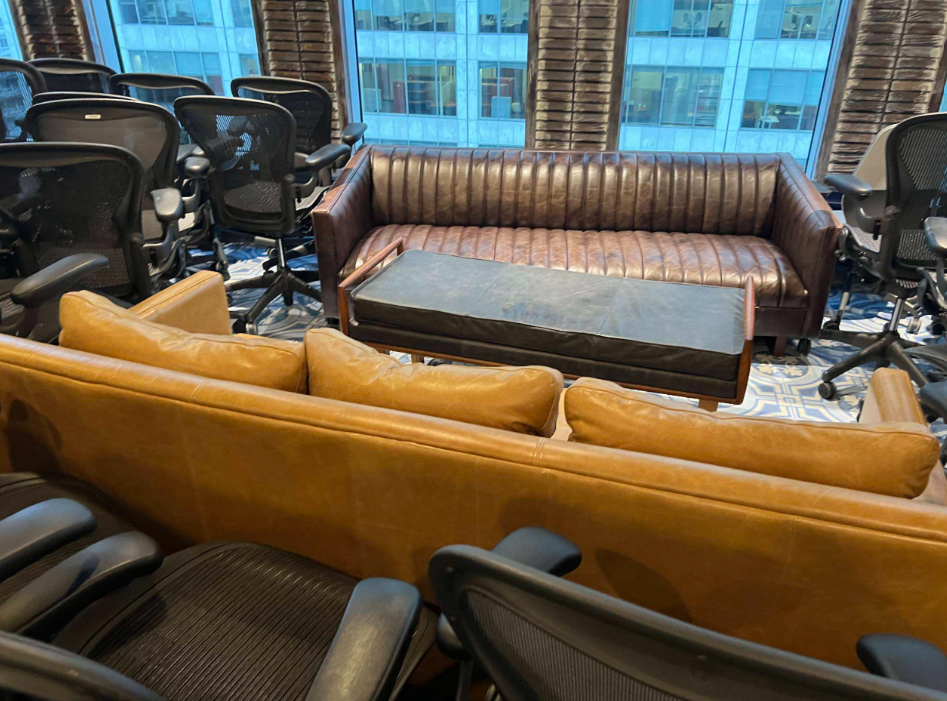 Black leather and wood bench