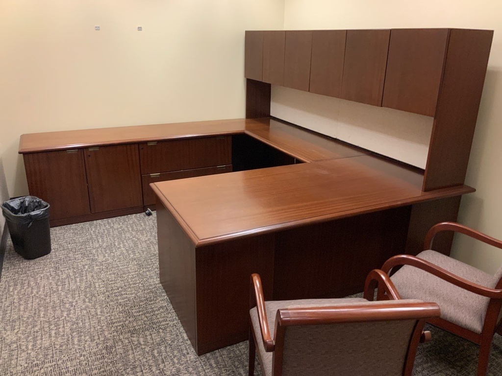 Executive "U" Group w/ Wall Mounted Hutch, Tackboard, Tasklights 40x60
Bridge, 24x42
Credenza, 24x108 - 114
Hutch, 106x31x15
Desk w/ Box Box File, Center Drawer, Credenza w/ Double Lateral File, Right Hand
Cherry