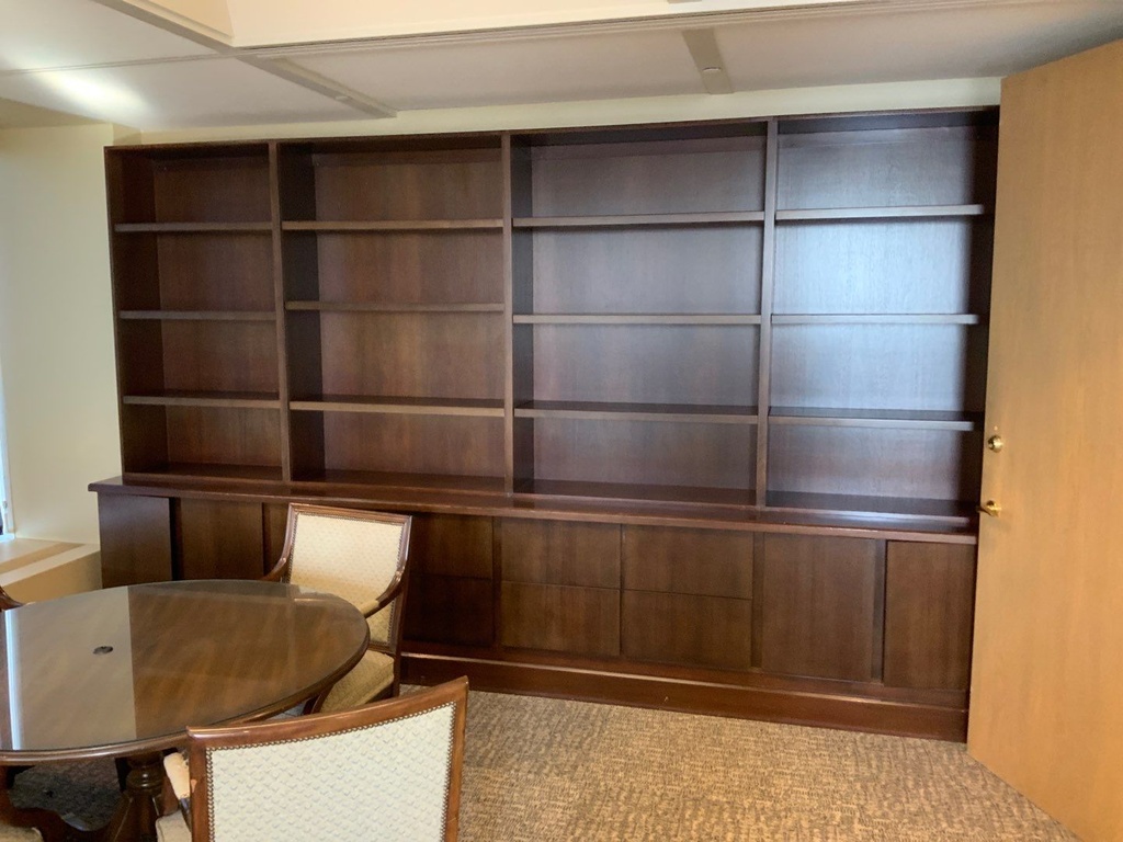 Traditional Multi-piece, Credenza Storage Unit with Bookcase Hutches and Cornice 22x144
Dark Red Walnut