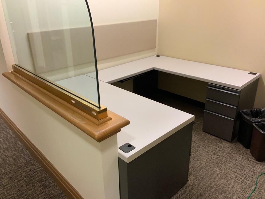 Admin "U" Group, Laminate w/ Metal Supporting Pedestals, Tackboard,
Desk w/ Box Box File Supporting Pedestal, Credenza w/ Box Box File Supporting
Pedestal, Left Hand, Light Grey Laminate, Charcoal Paint