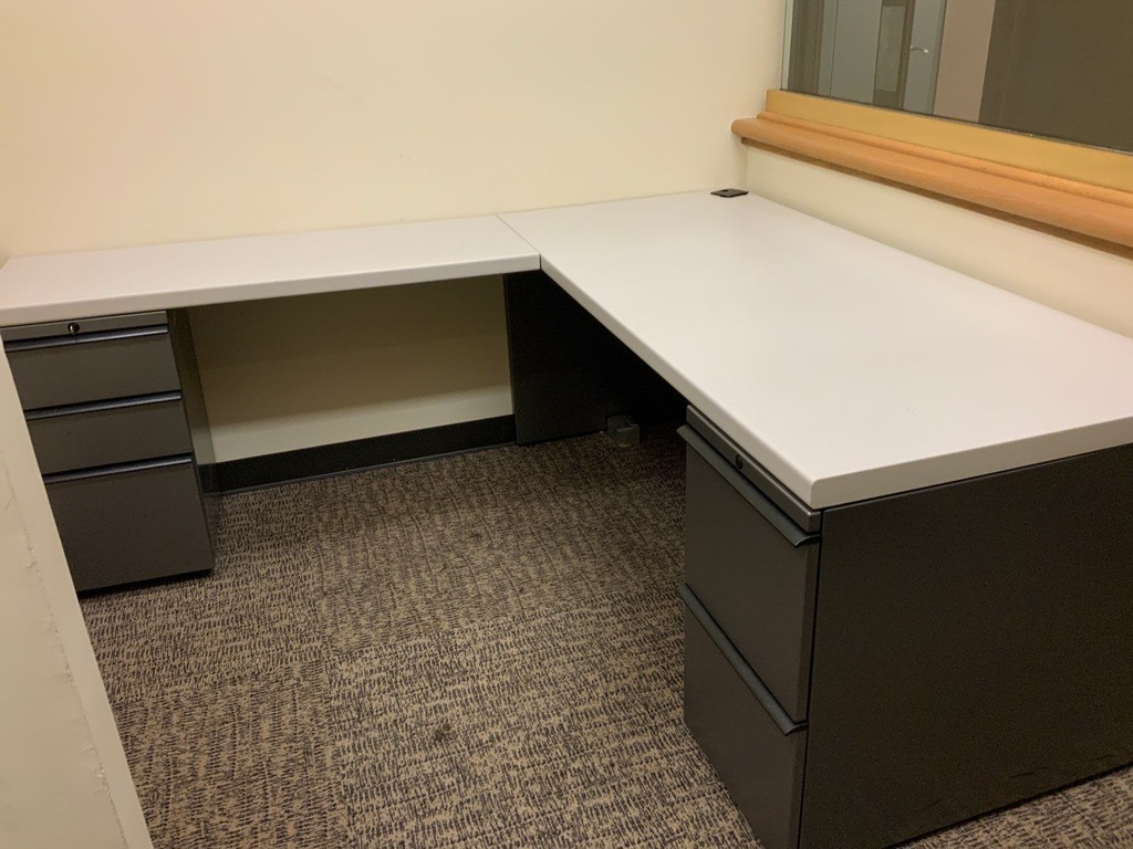 Office "L" Group, Laminate w/ Metal Supporting Pedestals,
Desk w/ Box Box File Pedestal, Credenza w/ File File Pedestal,
Lef Hand, Cherry Laminate, Putty Paint
