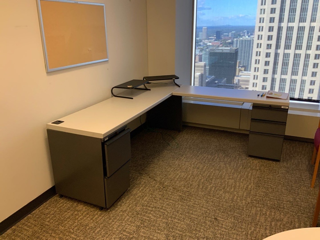 Office "L" Group, Laminate w/ Metal Supporting Pedestals,
Desk w/ Box Box File Pedestal, Rerturn w/ File File Pedestals,
Right Hand, Light Grey Laminate, Charcoal Paint