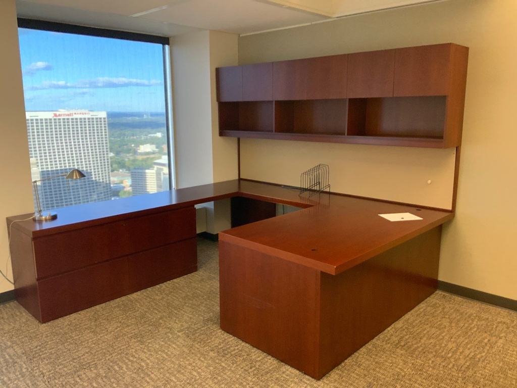 Executive "U" Group w/ Wall Mounted Hutch, Tackboard, Task lights
Desk w/ Box Box File, center Drawer, Credenza w/ Double Lateral File, Left Hand
Cherry