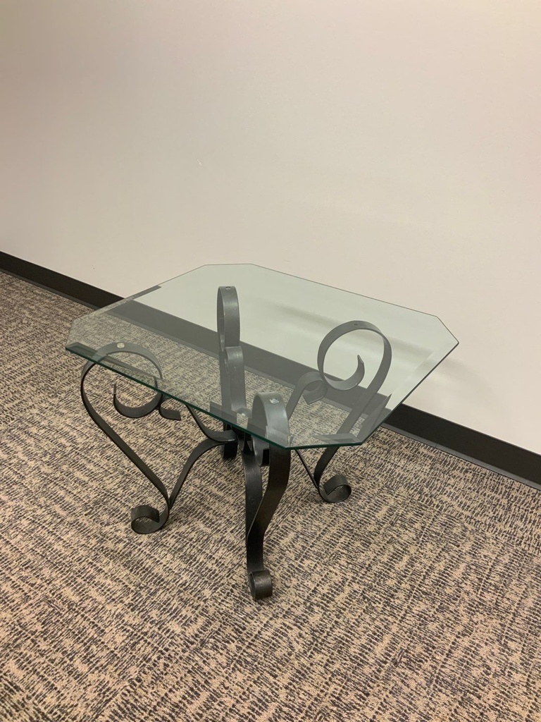 Contemporary End Table, Glass Top Rod Iron Base, 24x28