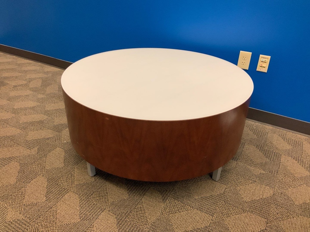 Transitional Coffee Table, 42"Dia., Glass Top, Mahogny Body, Chrome Feet