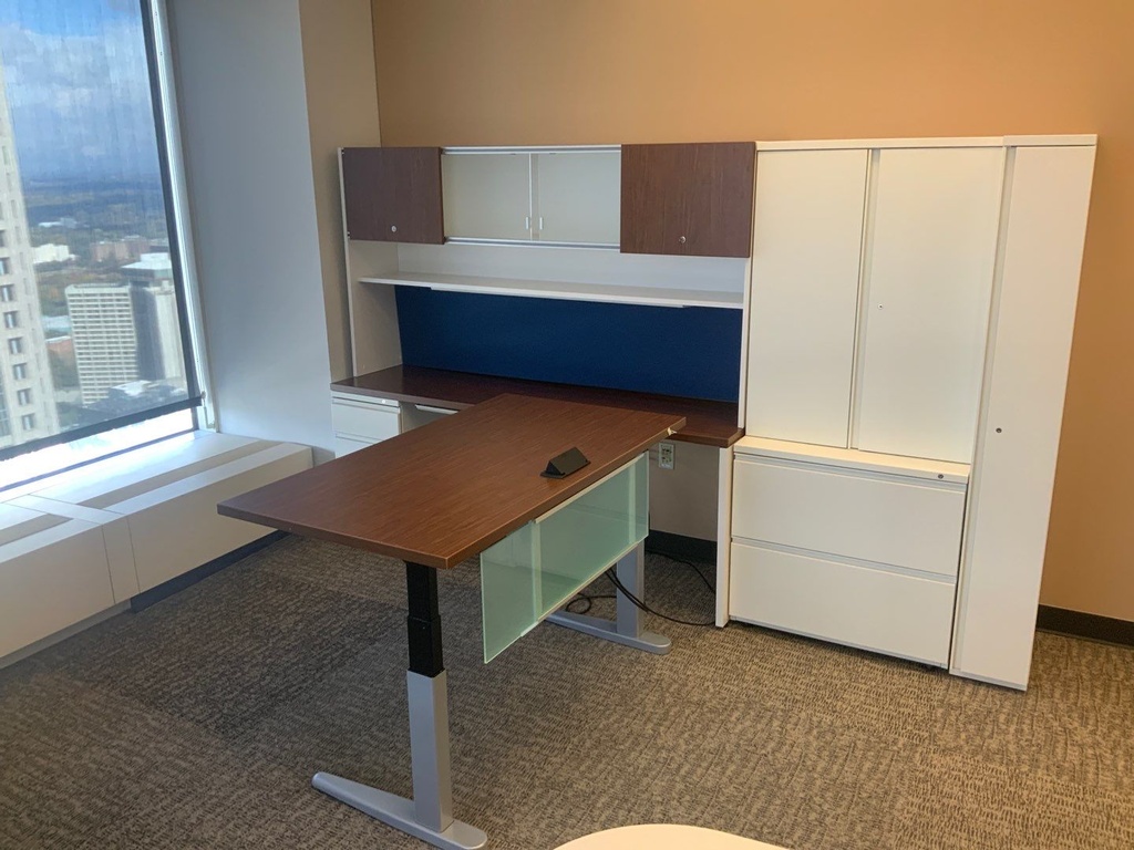 Herman Miller Canvas Private Office
Components: 24x52 Height Adjustable Table Desk w/ Modesty Panel, Box File Mobile Pedestal w/ Padded Top, 2-Drawer 30"W Lateral File, 36"Hx30"Wx18"D Top Unit Bookcase w/ Doors, 24x72 Single Pedestal (Box Box File) Credenza, 72W Freestanding Hutch w/ Sliding Doors, 24Dx12Wx66H Storage Tower, Center Drawer