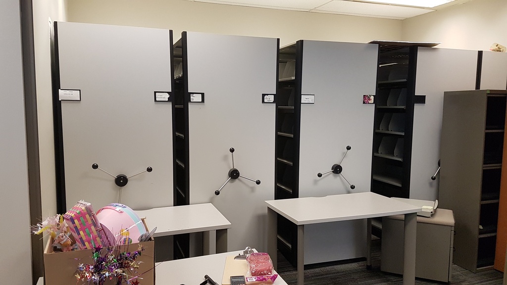 Rolling Filing/Bookcase - metal, 5 bays