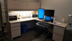 [#E6-11] Desk L Shaped (1 BF ped, 1 FF ped, wood, 1 overhead, wood, metal)