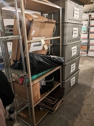 [#I2-57] contents of small metal rack with particle board (Christmas decorations, misc. equipment