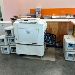 [#H14-1] Risograph, Small Stand, Large Wooden Stand, One 4x4' box of ink drums