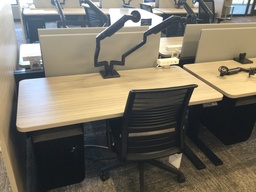 [#E10-28] Light Wood electric sit stands with dual monitor arms   28x58x28 lowered 