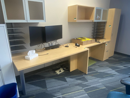 [#E8-35] Double Desk Unit With Wall-Mounted Overhead Hutch, Pedestal, and Storage Cabinet 