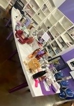 [#C8-168] Conference table, white top, purple legs