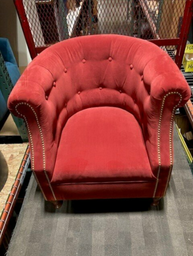 [#B12] Lounge Chair, Red Velvet, Wood Feet
